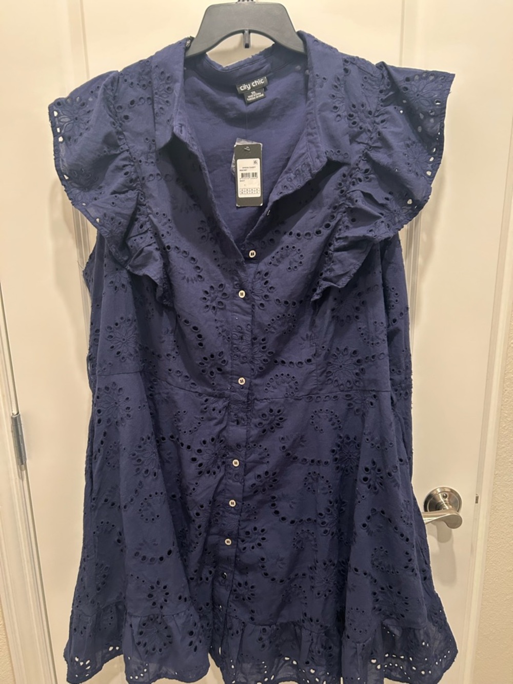 City Chic Navy Eyelet Ruffle Button-Down Top